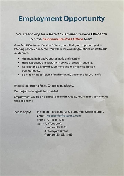 Retail Customer Service Officer - Cunnamulla